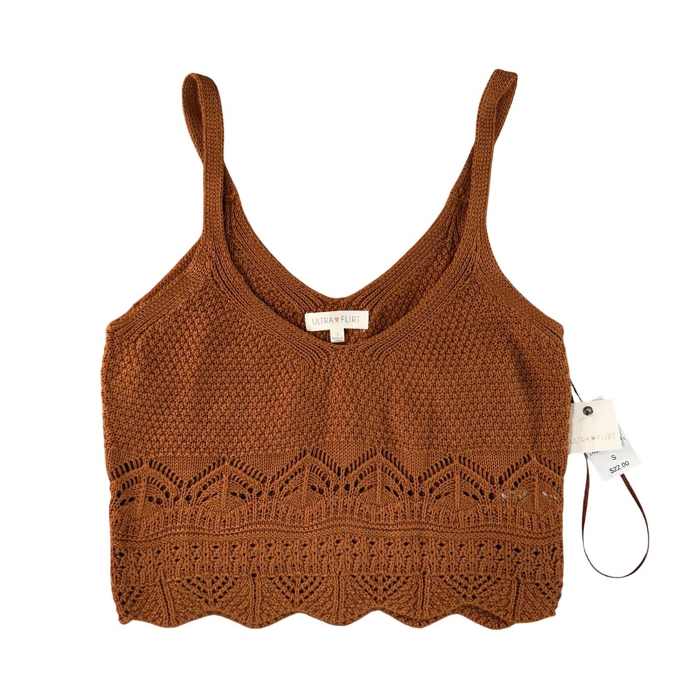 Ultra Flirt Knit Crop Top S NWT Brown Crochet Lace Hem Coquette Y2K Aesthetic